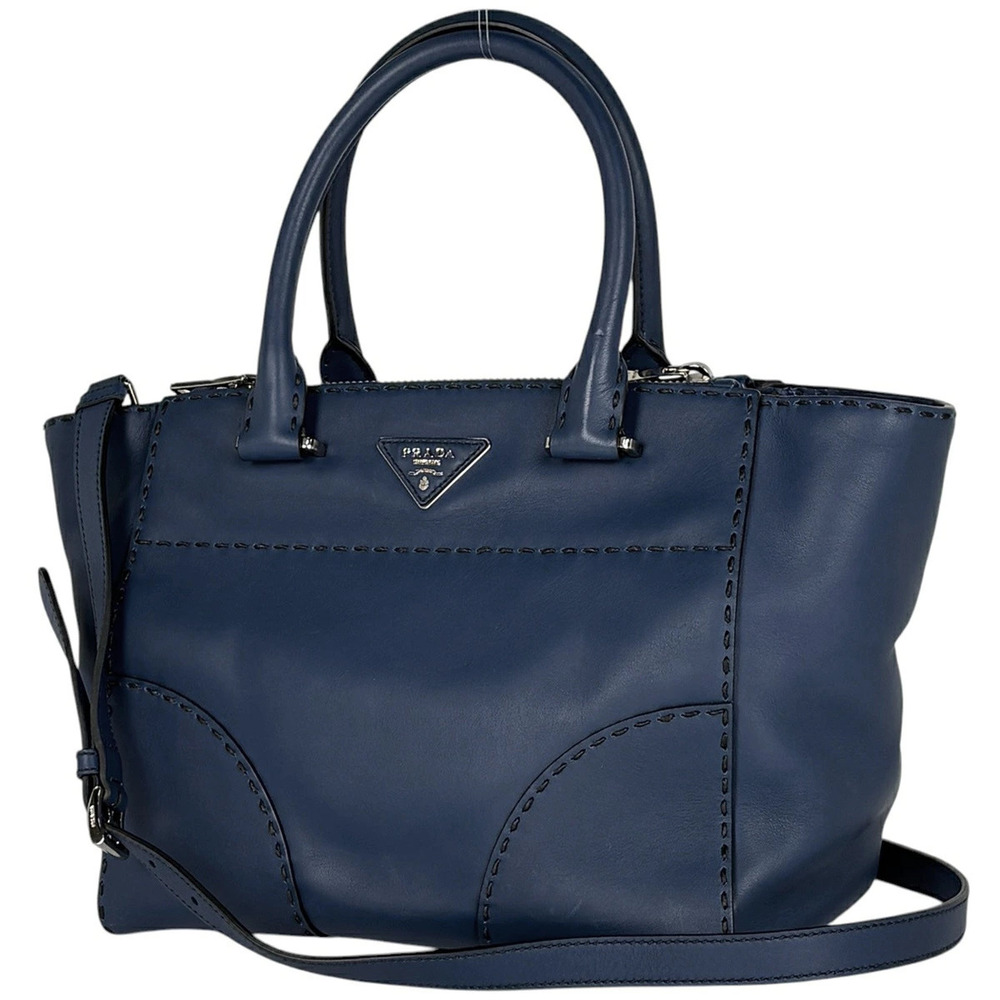 Prada blue City Calf Stitched Twin Satchel rolled leather handles